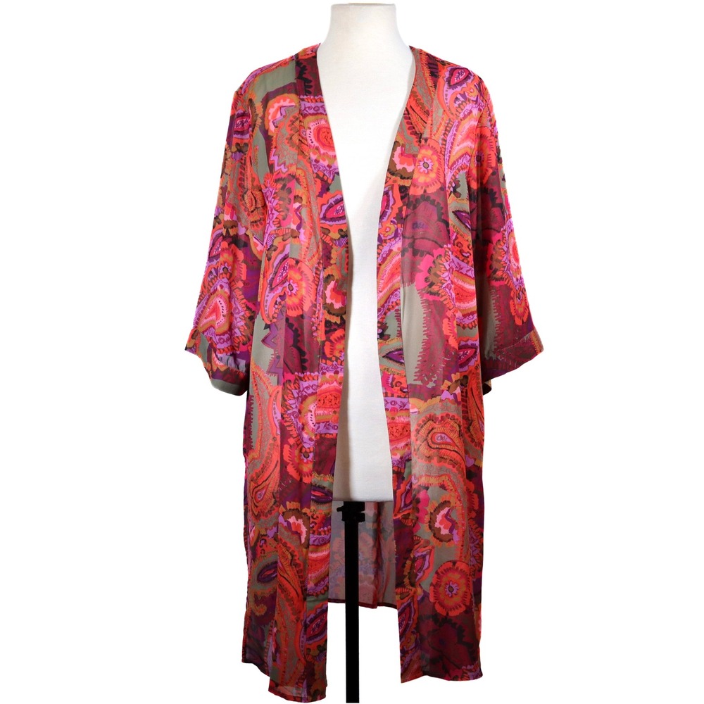 Catherines Kimono Womens 0X 14/16W Pink Paisley Sheer Open Front Topper Casual